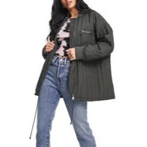 Topshop Quilted Oversized Bomber Liner Jacket  Charcoal Green Mob Wife 8-10